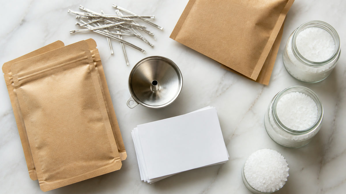 Pale marble surface with plain kraft paper pouches, metallic twist ties, a steel funnel, and a blank white shipping label