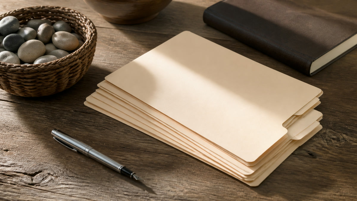 Rustic wooden tabletop with blank manila folders, a silver fountain pen, and a basket of river stones